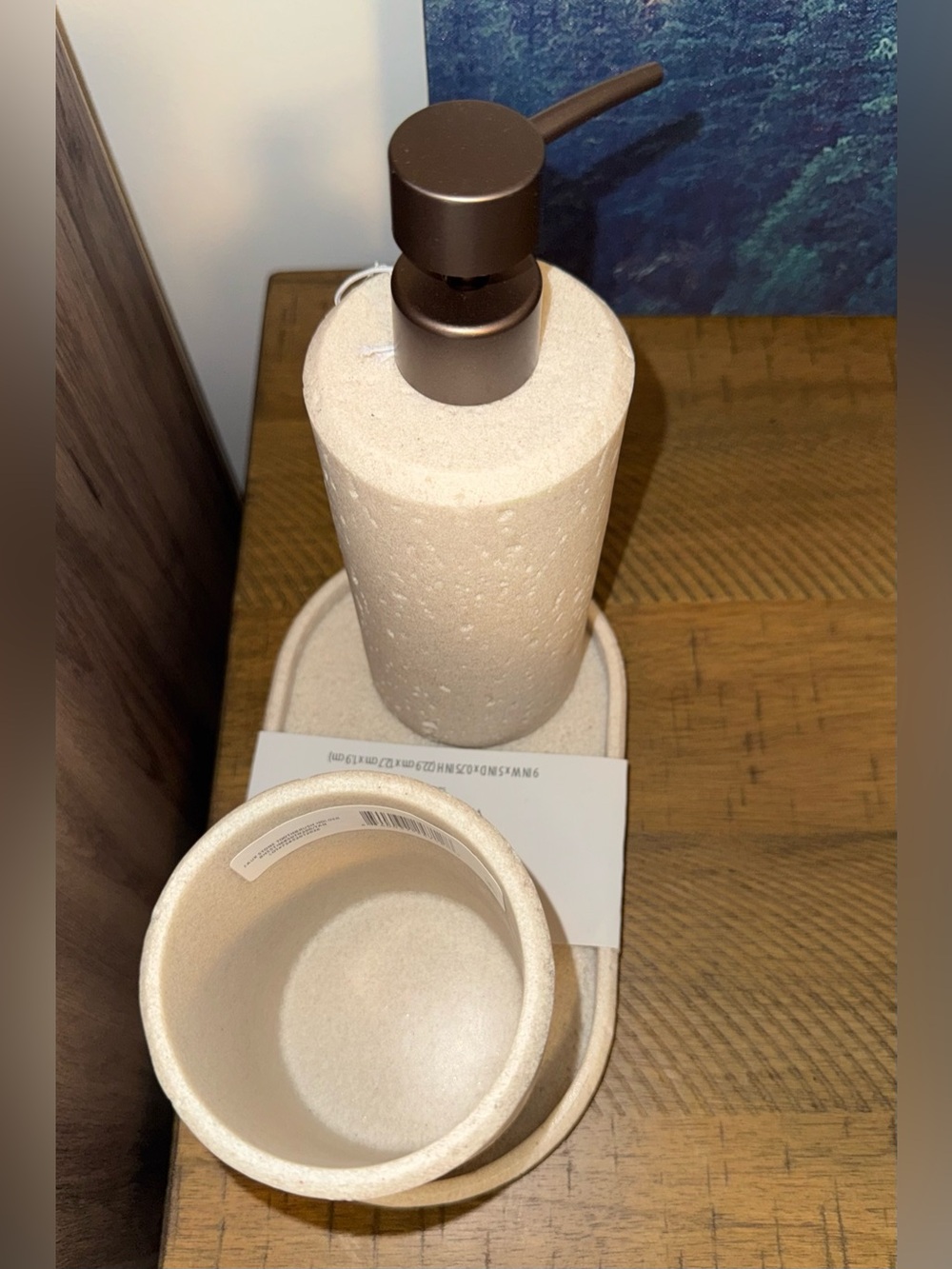 Neutral Stone Bath Accessory Set w/ Pump Dispenser, Vanity Tray, Stone Tumbler - Picture 4 of 9